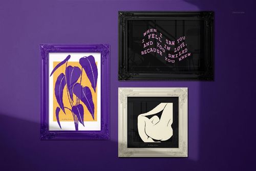 Classic painted frames mockup featuring abstract and typographic prints, arranged on a purple background wall.