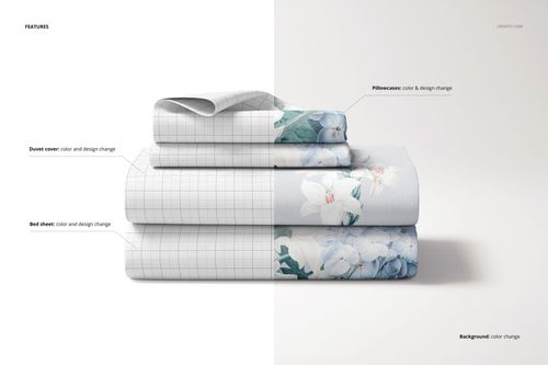 Folded bedding set mockup featuring a duvet cover, bed sheet, and pillowcases in floral and grid patterns, front view.
