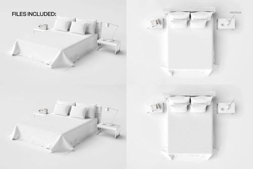 Set of plain and quilted bed coverlet mockups showing a white bed from front and top views in a minimal bedroom.