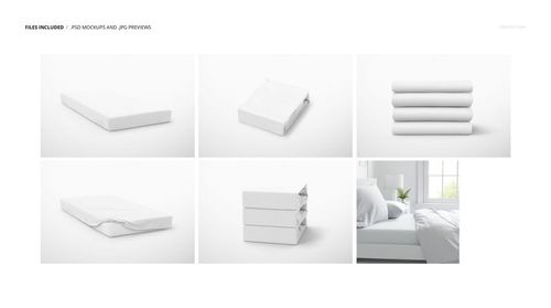 Set of six brushed cotton sheet mockup images showing folded, stacked, and bed-arranged sheets in a bright room.