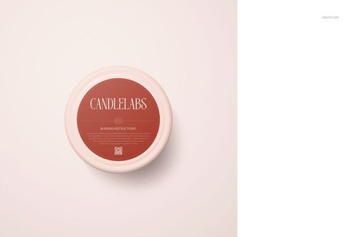 Round candle tin mockup with satin finish, red lid label, and wooden wick, shown from a top-down perspective.