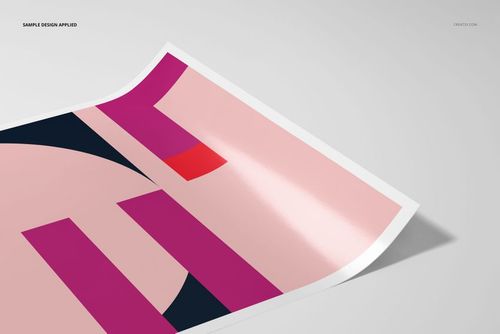 A3 fine art print mockup with a glossy finish, featuring abstract geometric shapes in pink, red, and navy colors.