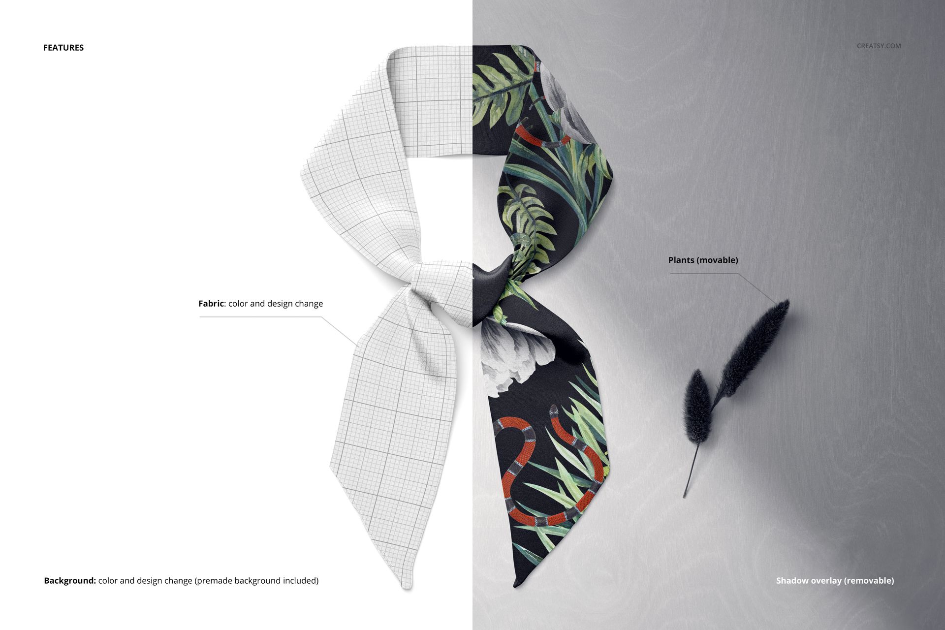 Top view of a tied twilly scarf mockup, split between a white grid pattern and a dark floral design, on a gray background.