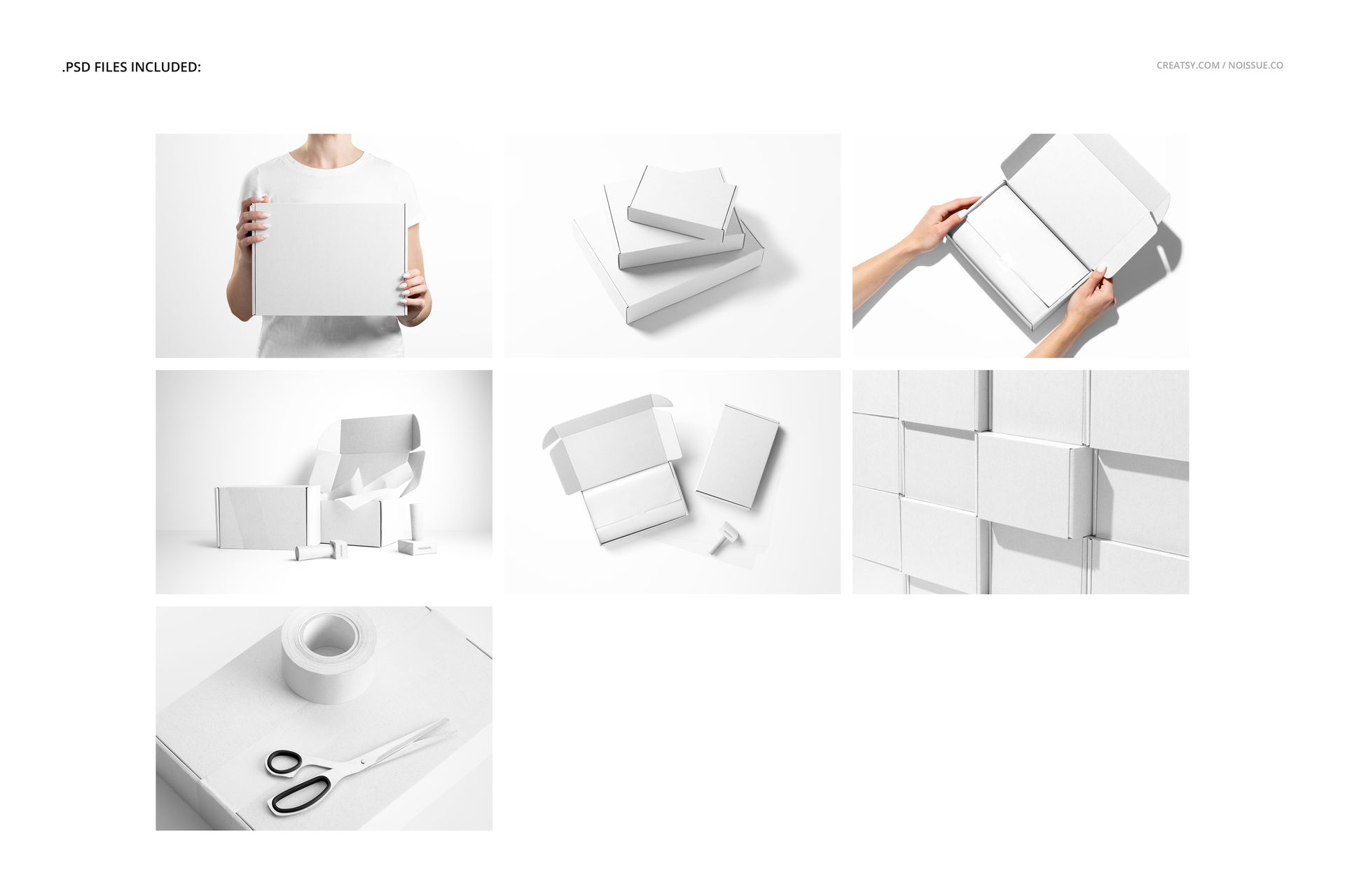 PSD mockup featuring multiple white packaging boxes in different perspectives, including close-ups and assembly scenes.