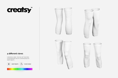 Set of four white legs compression sleeves shown in different angles on a plain background, sport equipment mockup.