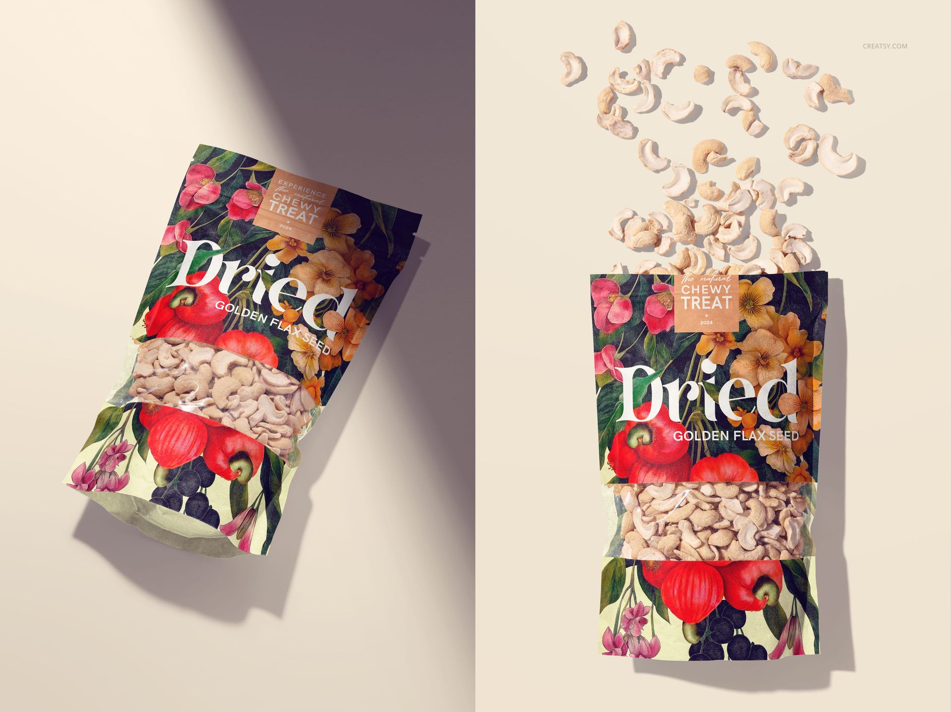 Cashews paper pouch mockup featuring vibrant flower illustrations, displayed on a neutral surface with scattered cashews.