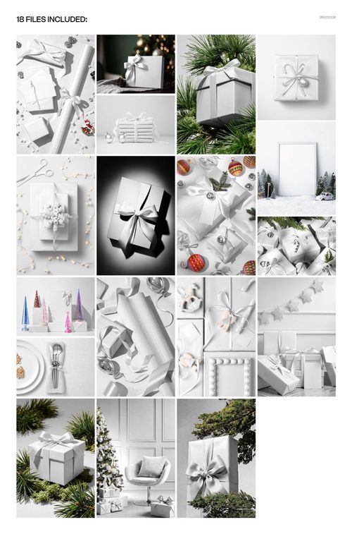 Christmas gift boxes with decorative ribbons presented in assorted mockup scenes, featuring greenery, ornaments, and holiday decor.