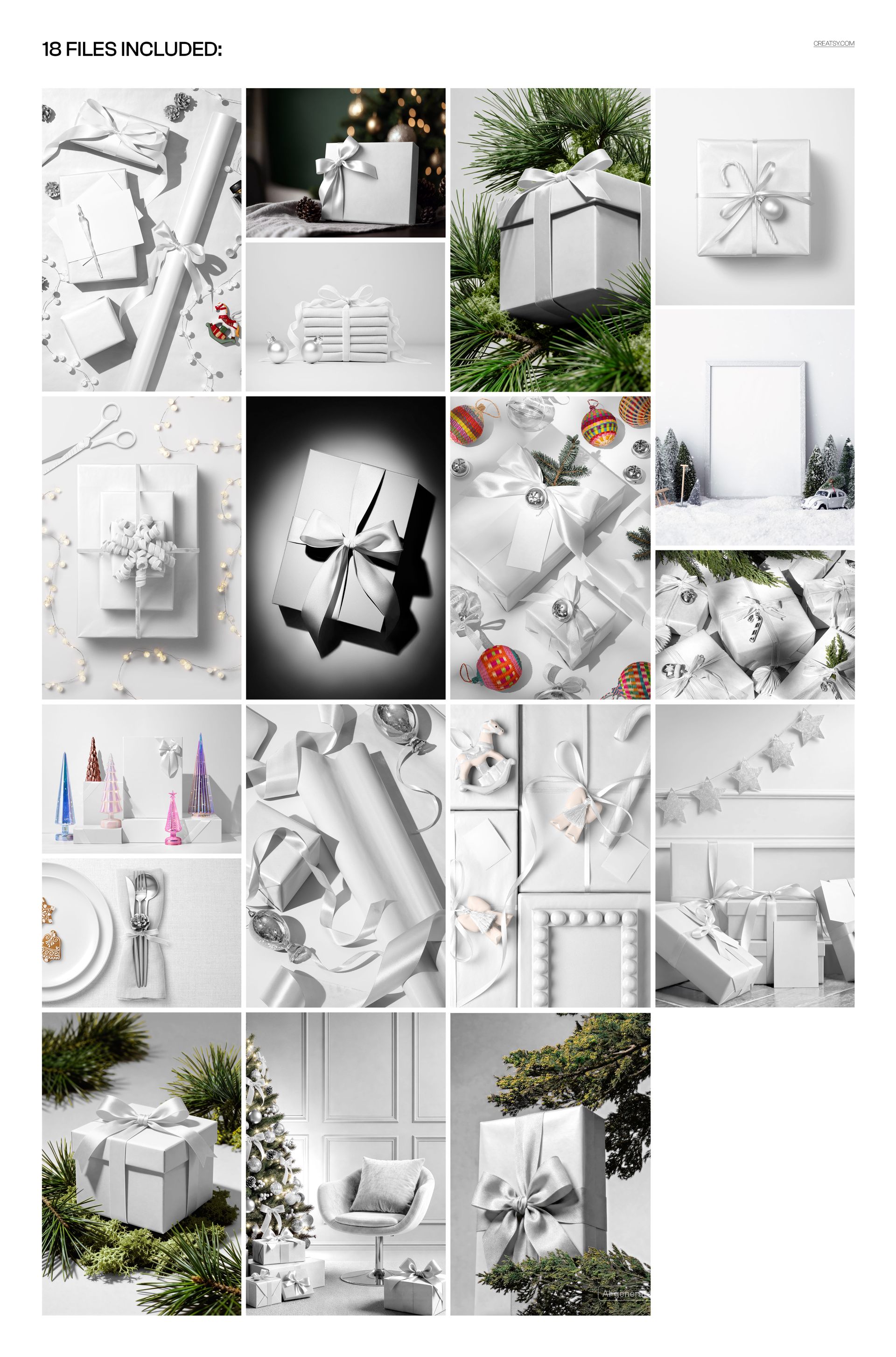 Christmas gift boxes with decorative ribbons presented in assorted mockup scenes, featuring greenery, ornaments, and holiday decor.