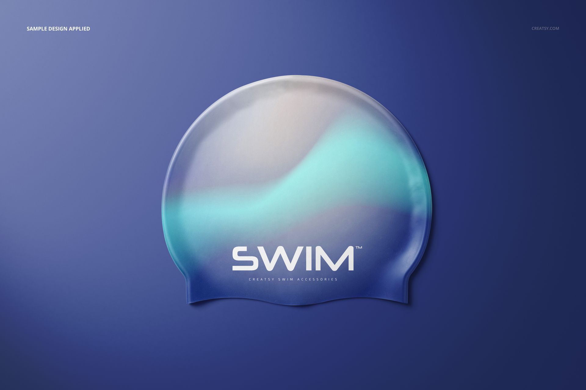 Swim cap mockup with a smooth gradient design in blue and aqua tones, displayed from a front view on a dark background.