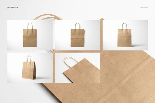 Natural kraft shopping bag mockup set featuring five views of a brown paper bag with twisted handles on a white background.