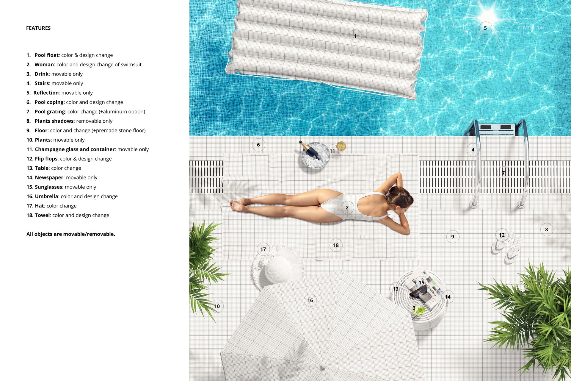 PSD mockup showing a tiled poolside area with a woman on a towel, inflatable float in the water, and various poolside objects.