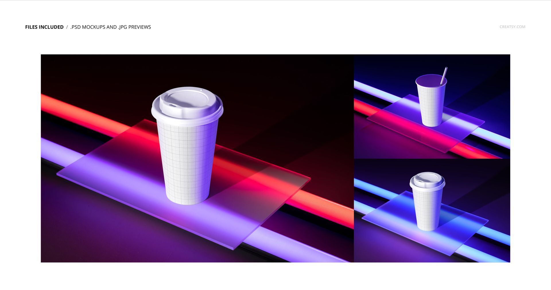 Front view of a paper cup with lid and straw on a glowing neon surface, shown in a grid pattern mockup scene.