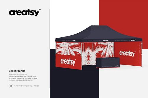 Pop up tent mockup with a navy blue canopy and red panels featuring white palm leaf graphics, shown on a white background.