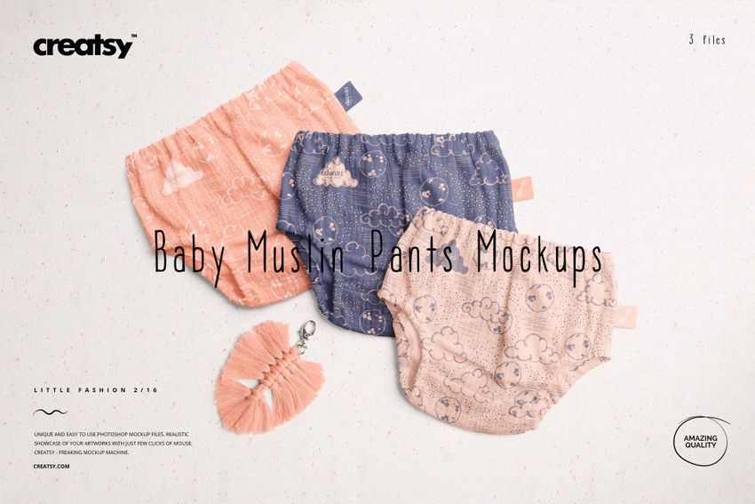 Set of three baby muslin pants mockup in soft pink and blue, featuring playful patterns and arranged side by side.