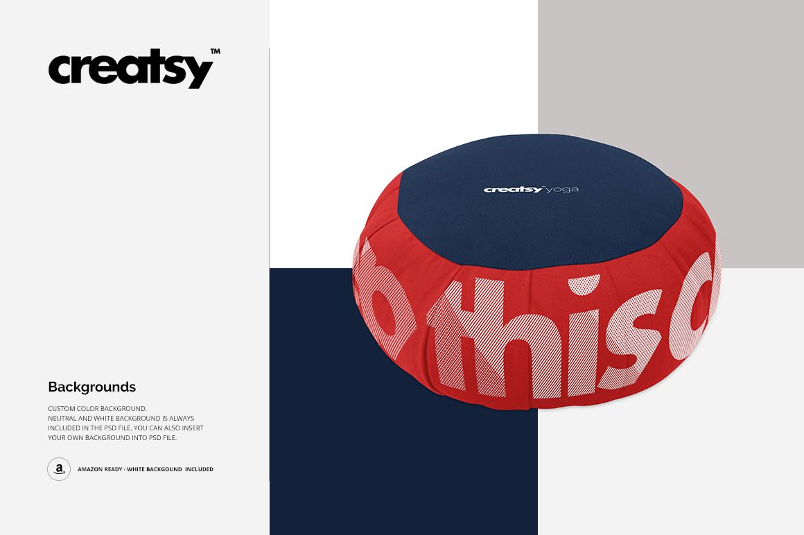 Front angled view of a circular meditation cushion mockup with dark blue top and red sides with bold white lettering.