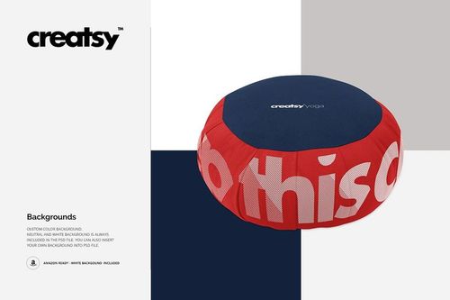 Front angled view of a circular meditation cushion mockup with dark blue top and red sides with bold white lettering.