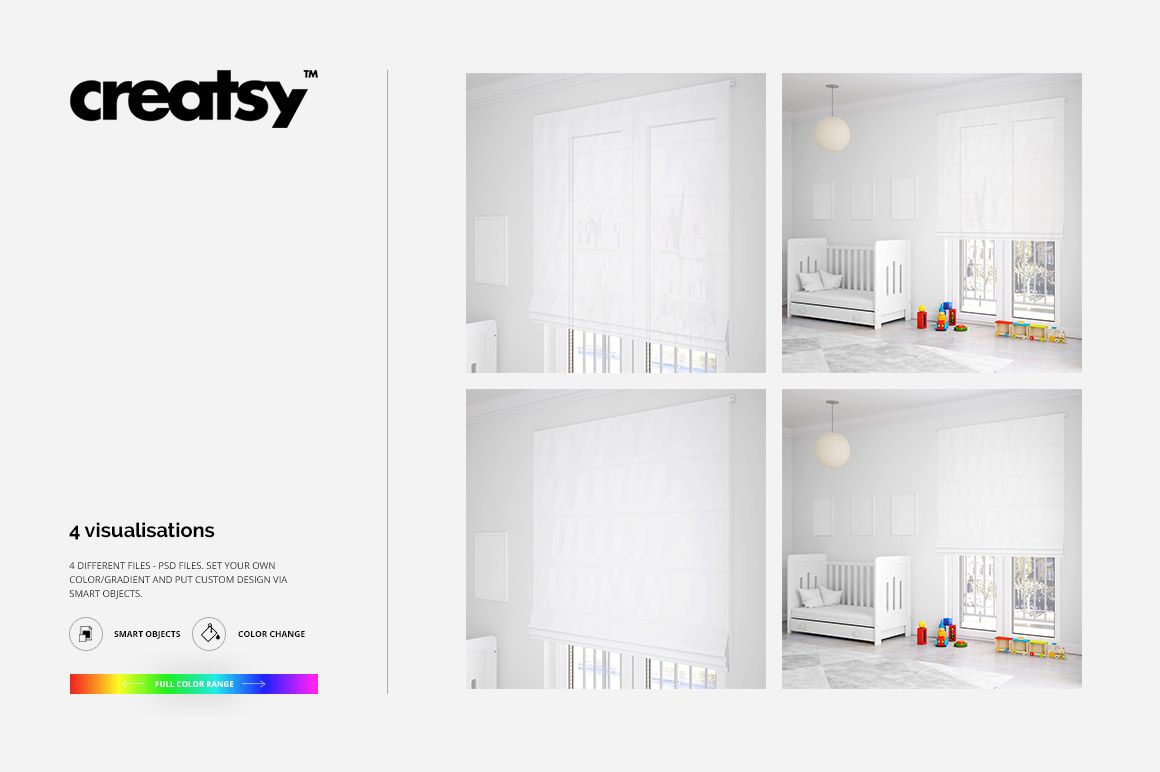 Roman blinds in a kids room interior mockup, featuring white blinds, crib, toys, and soft natural lighting.