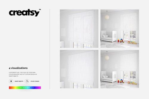 Roman blinds in a kids room interior mockup, featuring white blinds, crib, toys, and soft natural lighting.