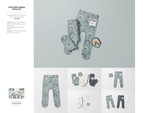 PSD mockup featuring baby leggings and accessories in soft blue tones with rainbows, arranged flat on a neutral surface.