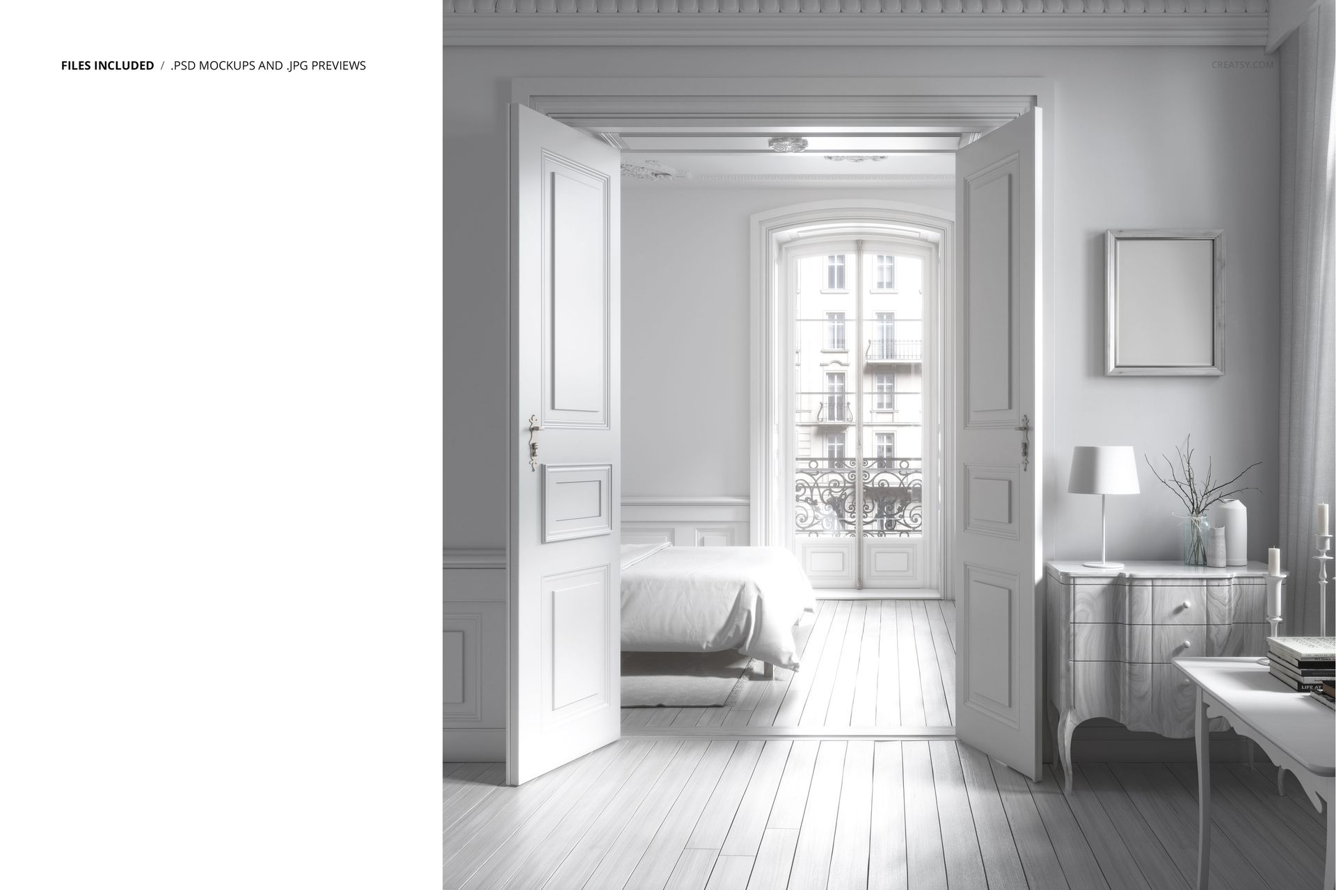 PSD mockup showing a spacious home interior with ornate moldings, minimalist decor, and soft natural lighting.