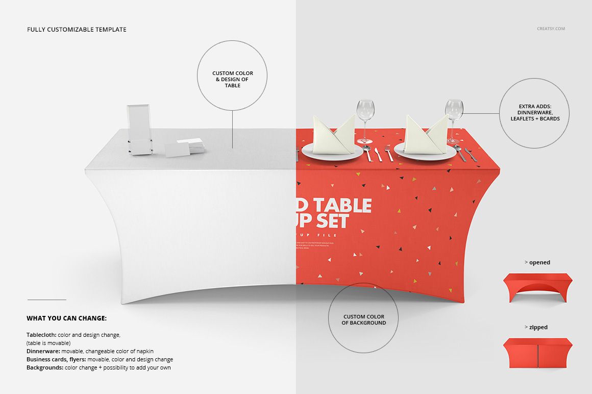 Stretched tablecloth mockup showing a split design with plain white on the left and red with abstract shapes on the right, front view.
