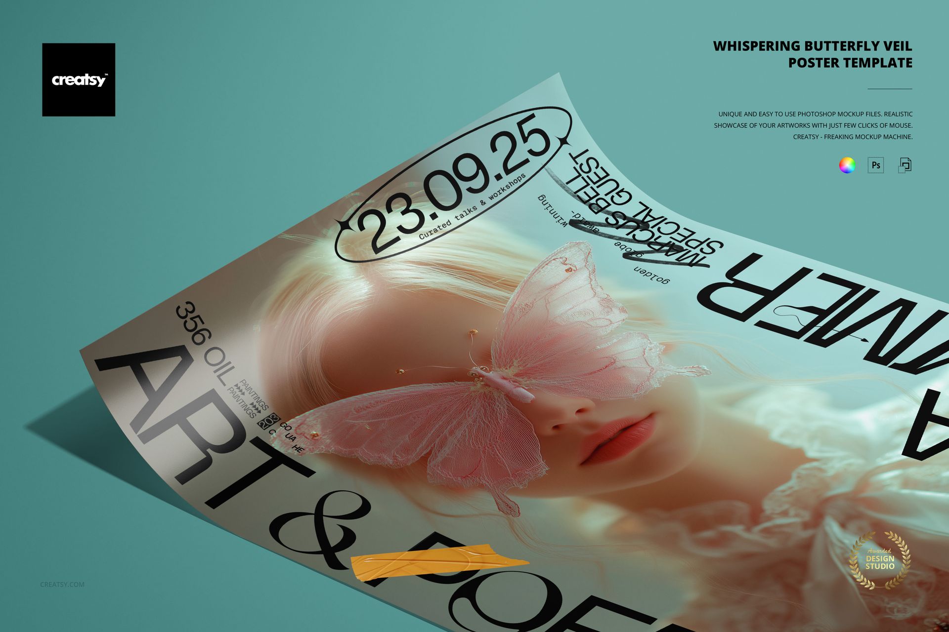Front view of a poster mockup featuring a soft pastel portrait of a woman with a translucent butterfly on her face.