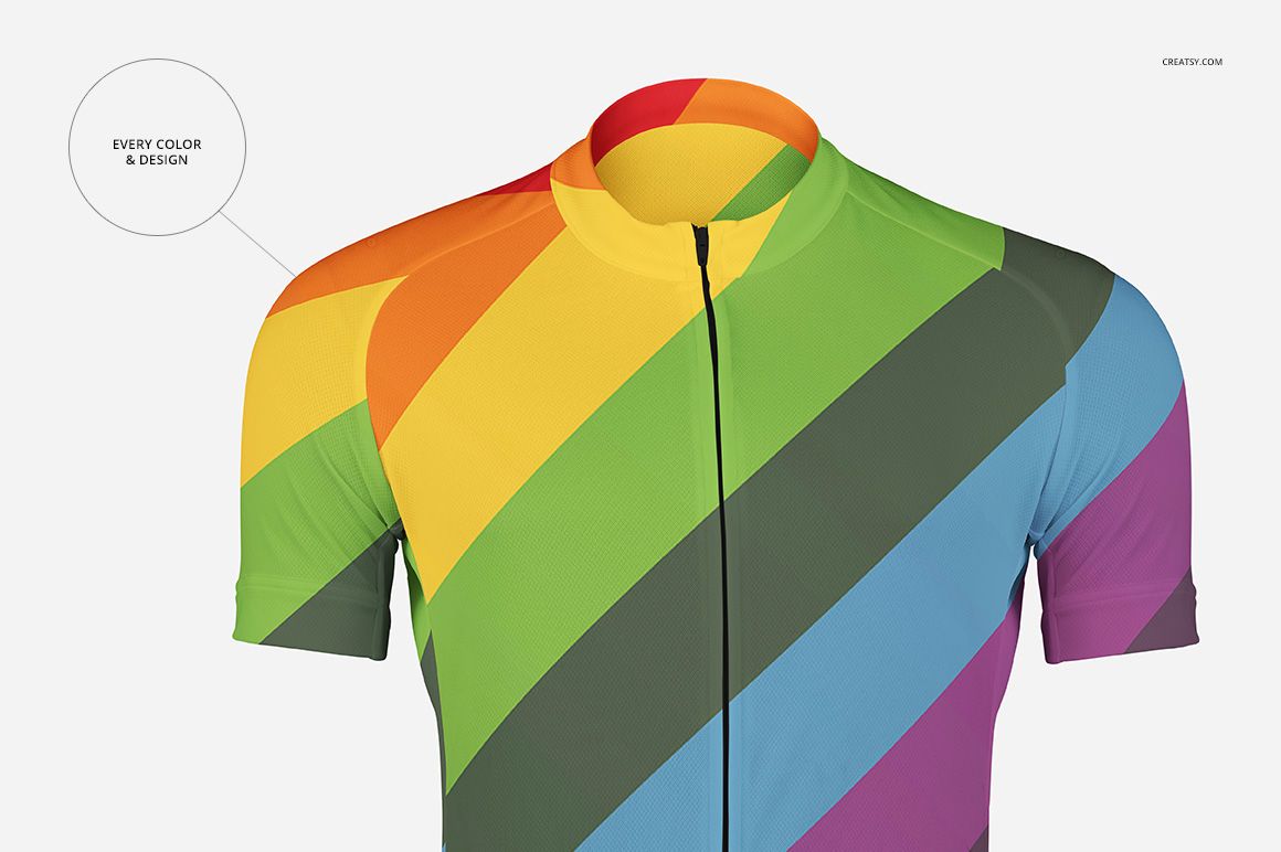 Front view of a bike jersey mockup with diagonal stripes in orange, yellow, green, blue, and gray on a white background.
