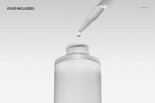 PSD mockup featuring a detailed close-up of a dropper and bottle neck against a plain light background.