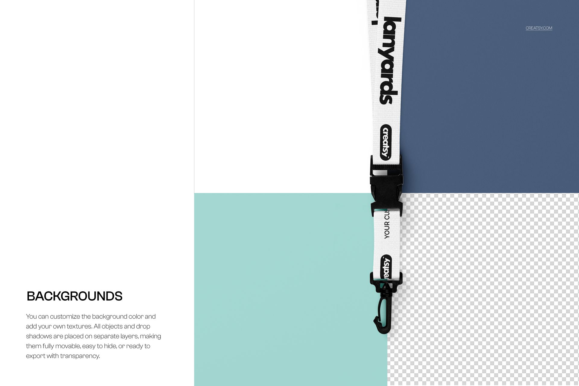Single polyester lanyard mockup with black and white design, shown vertically on a blue, white, and teal backdrop.