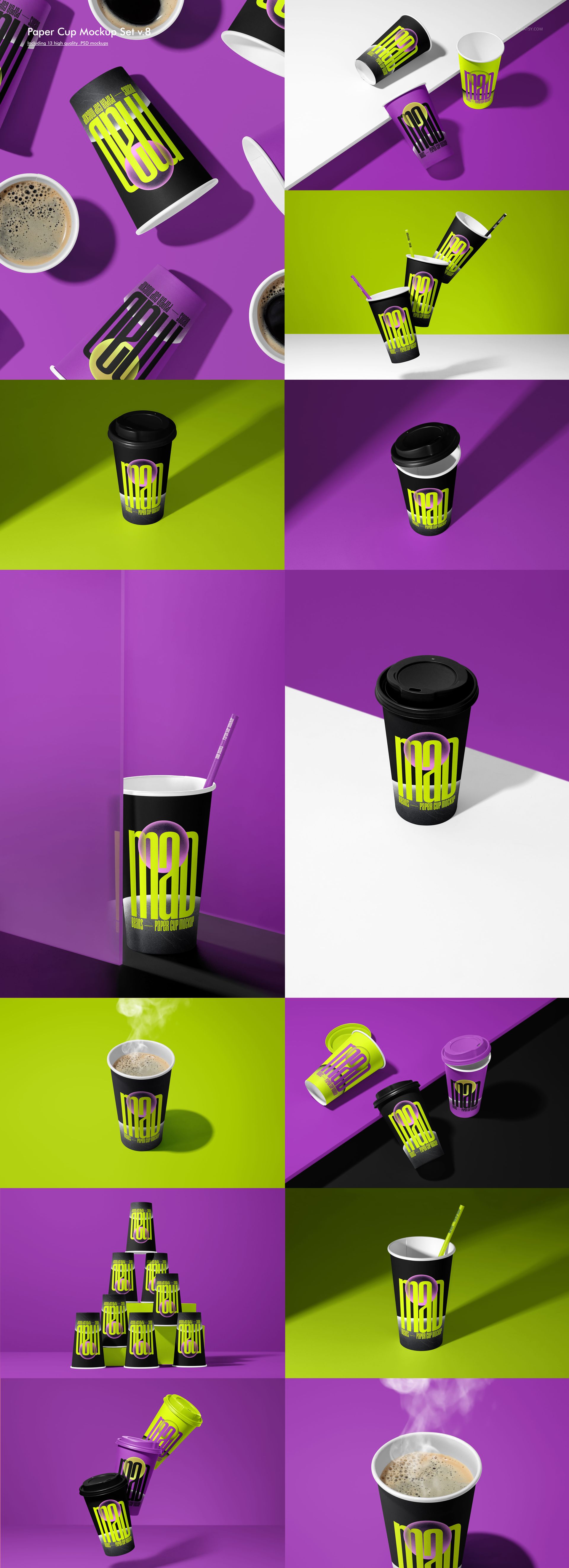 Paper cup mockup bundle featuring cups with black lids and geometric yellow-green patterns on vibrant surfaces.