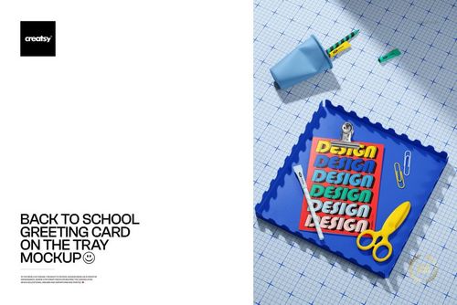Back to school greeting card mockup displayed on a blue tray with stationery items, viewed from above.