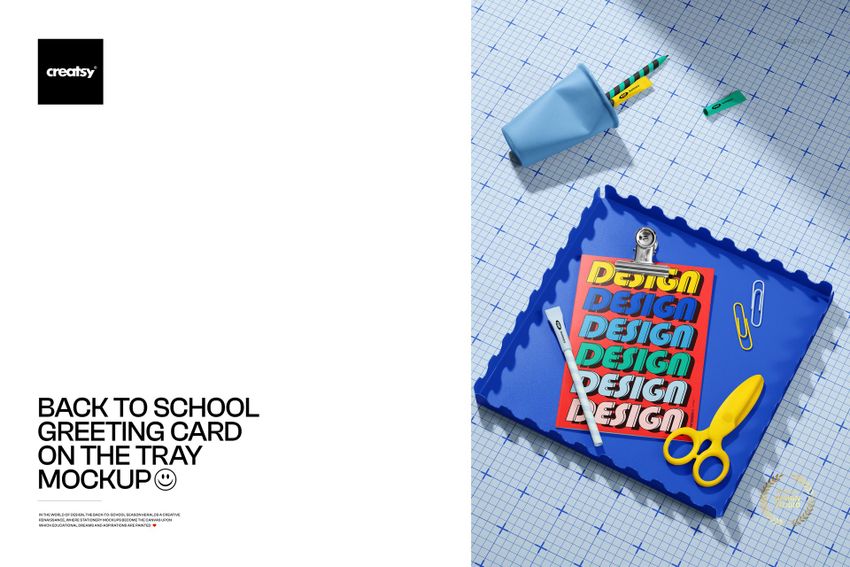 Back to school greeting card mockup displayed on a blue tray with stationery items, viewed from above.