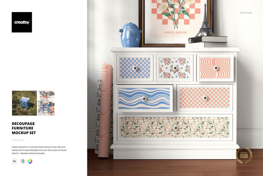 White furniture mockup with drawers decorated in pastel wave, checkered, and floral designs, shown in a home setting.