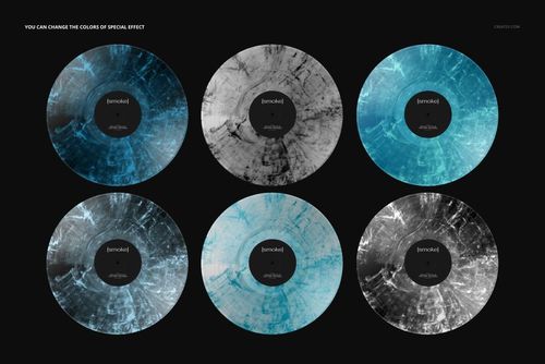 PSD mockup showing six vinyl records with unique smoke effect patterns in cool blue and monochrome shades.