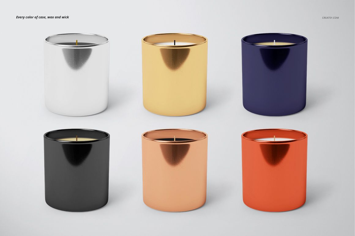 Classic candle PSD mockup set showing six candles in various metallic colors, displayed in two neat rows.