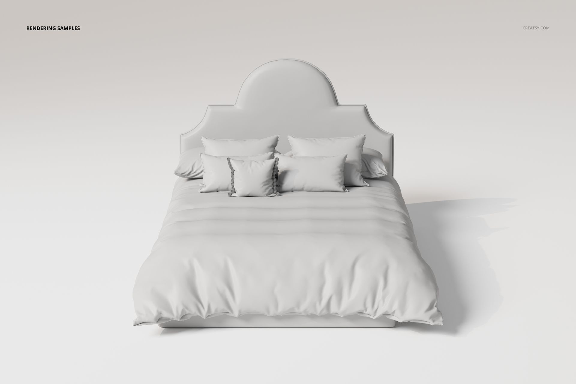 Front view of a bed with an upholstered arched headboard, white bedding, and multiple pillows on a plain background.