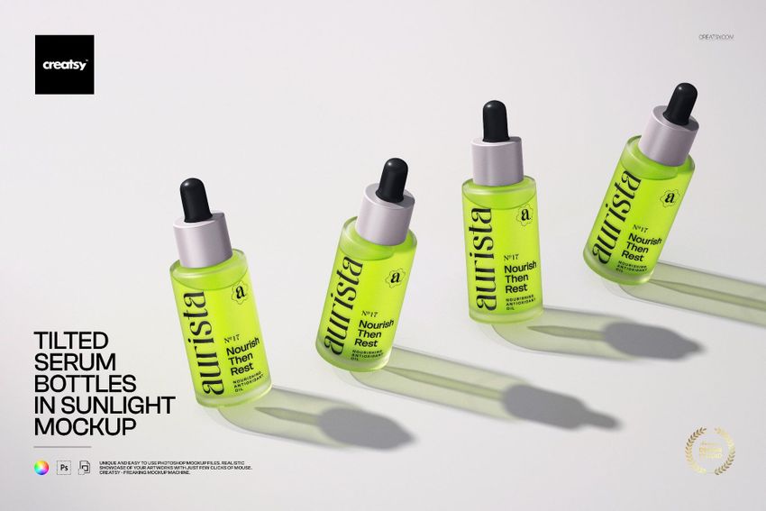 PSD mockup showing four cosmetic serum bottles in sunlight, each bottle angled and casting distinct shadows.