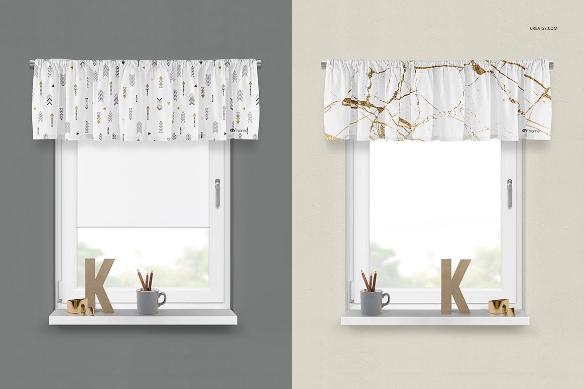 Front view of two window valances in a mockup set, each displayed above a white window with a shelf and decor items.