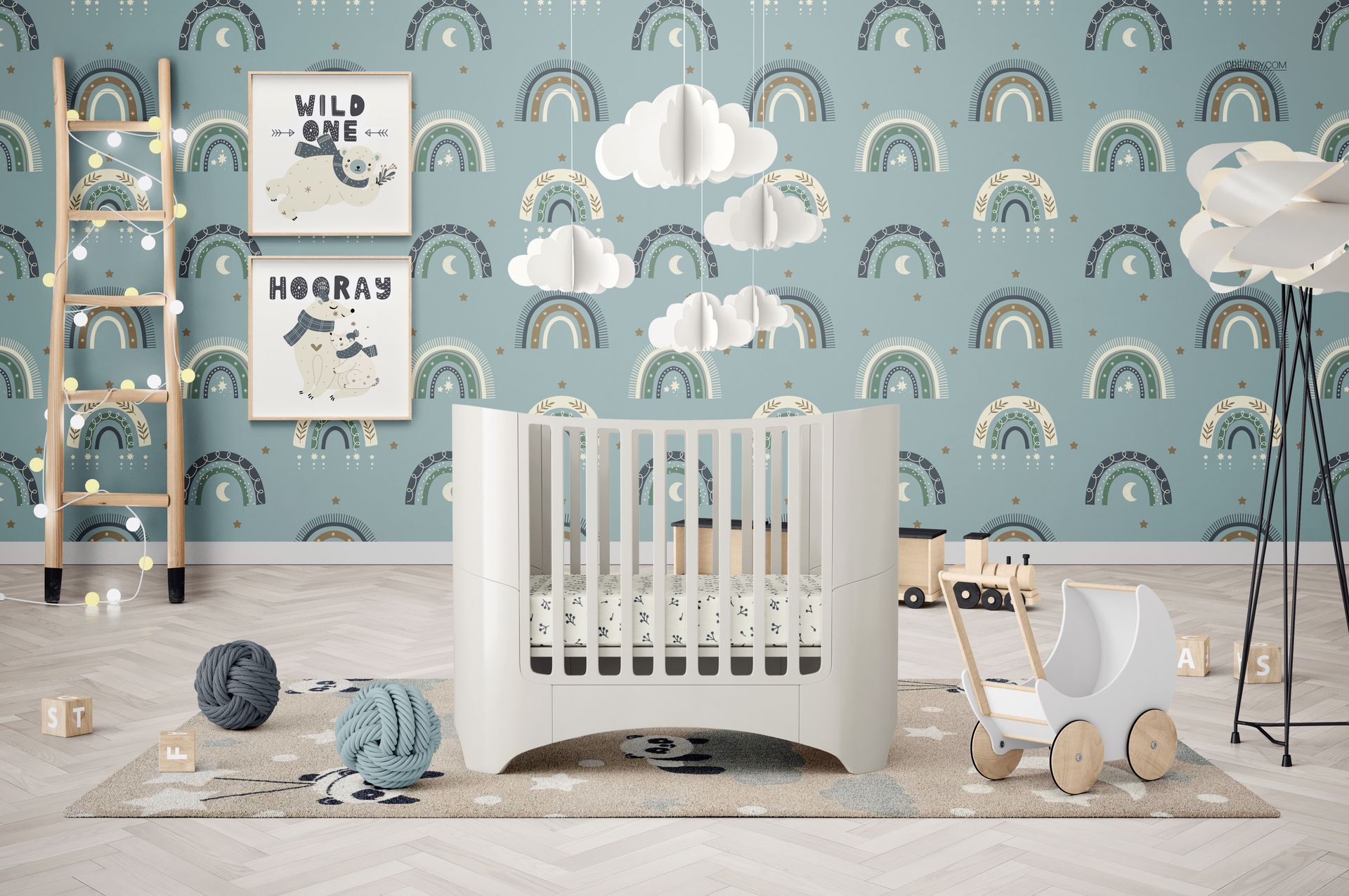 PSD mockup of a nursery room with a curved white crib, pastel rainbow wallpaper, decorative clouds, and toy props.