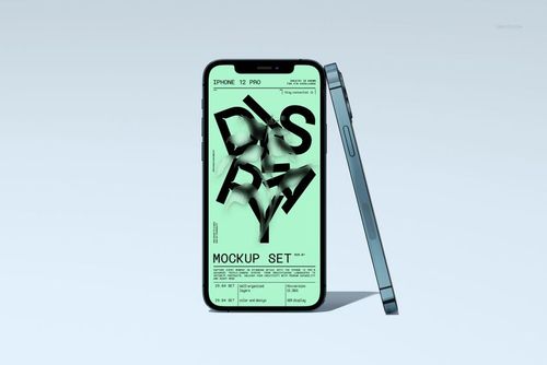 iPhone 12 Pro mockup set featuring a standing phone and a side profile, both with a green screen and graphic text.