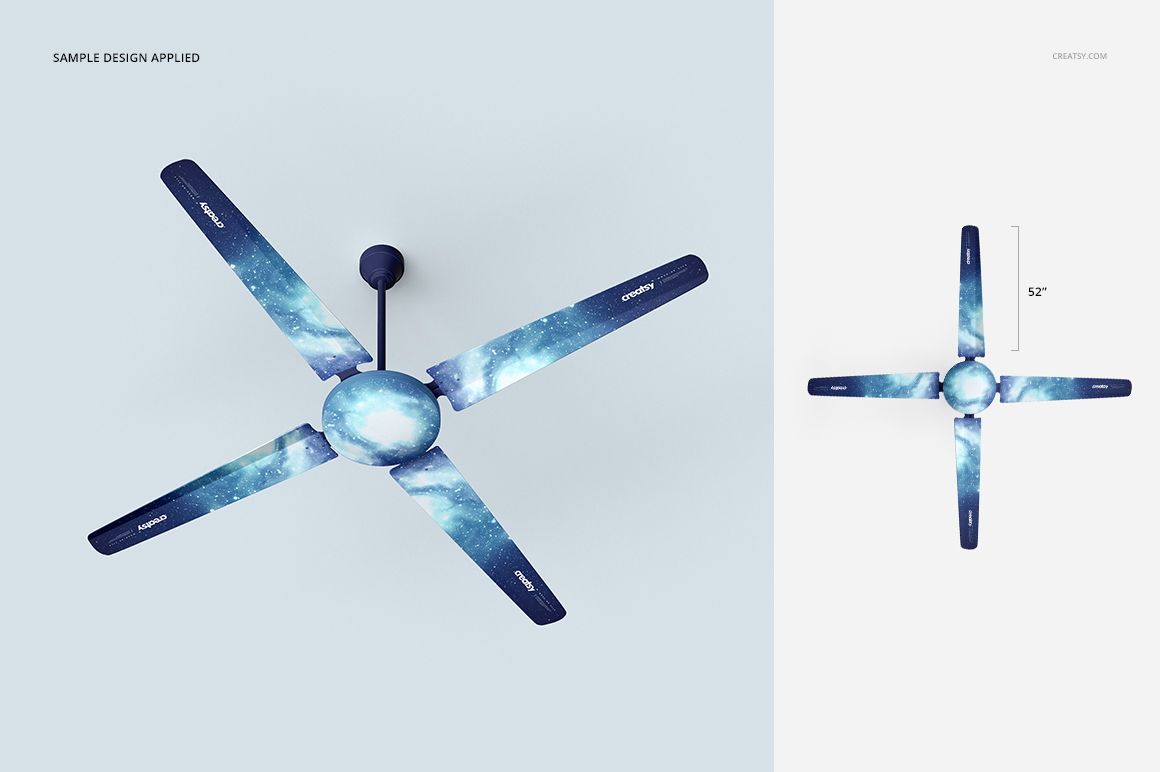 Ceiling fan mockup with four blades, featuring a blue galaxy pattern, shown from a top-down perspective on a light background.