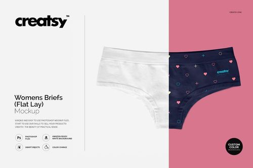 Flat lay mockup of women's briefs, featuring a plain white pair and a patterned navy pair with hearts and plus signs.