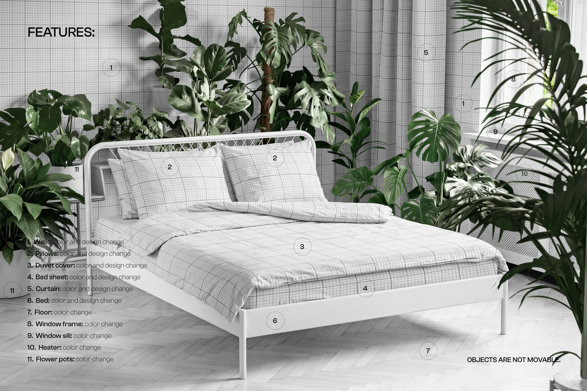 Front view of a bedding set mockup featuring checked sheets and pillows, with large green houseplants around the bed.