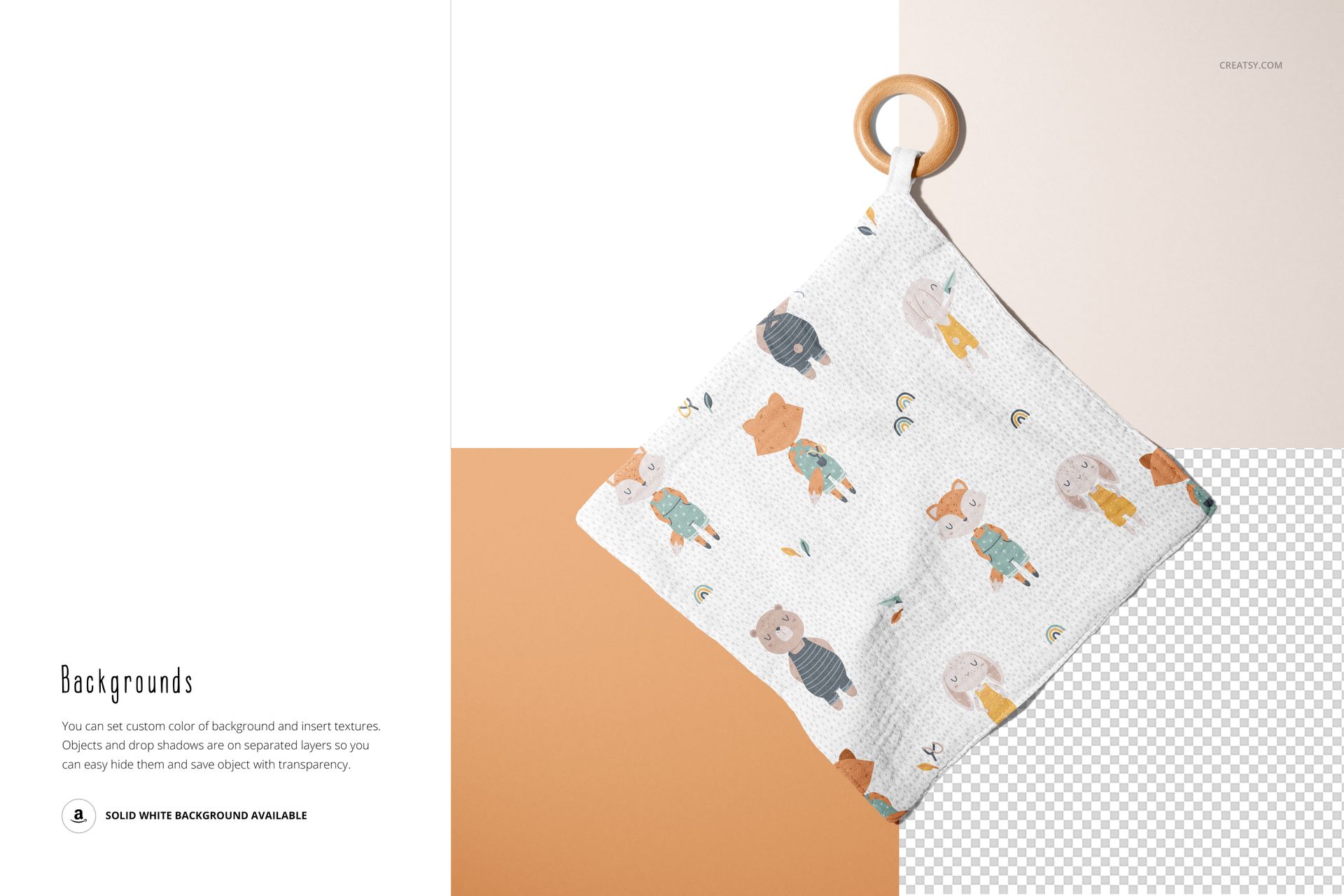 Kids muslin swaddle mockup with wooden teether, laid flat on geometric backgrounds in beige, white, and transparent sections.