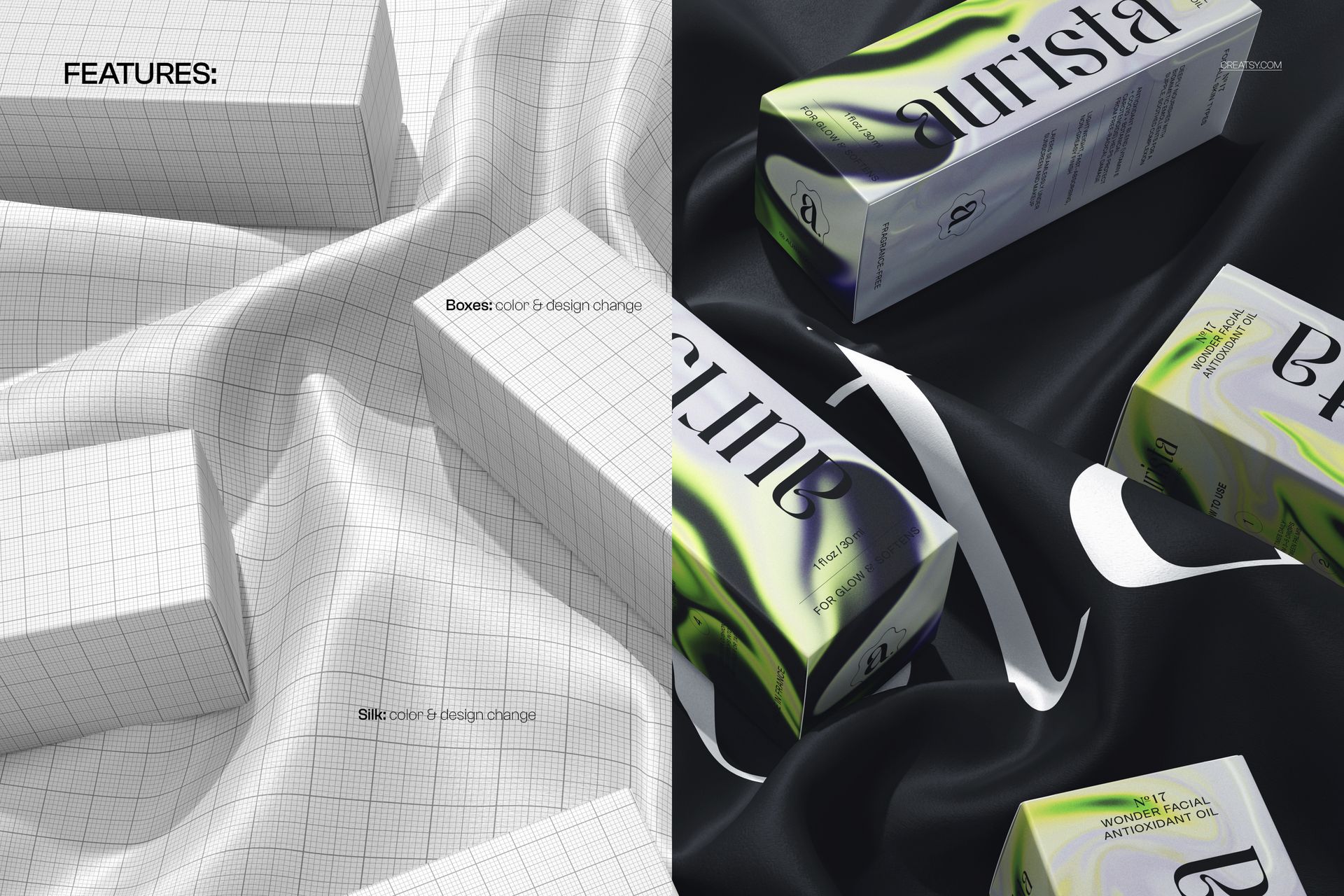 Multiple packaging boxes arranged on textured silk fabric, featuring both grid outlines and printed branding in a mockup.