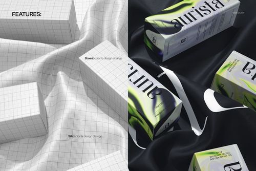 Multiple packaging boxes arranged on textured silk fabric, featuring both grid outlines and printed branding in a mockup.