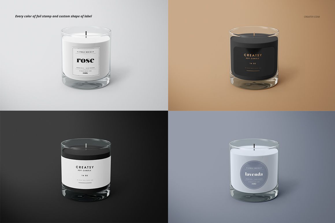 Four classic glass jar candles with different label designs and wax colors, shown from a front view on varied backgrounds.