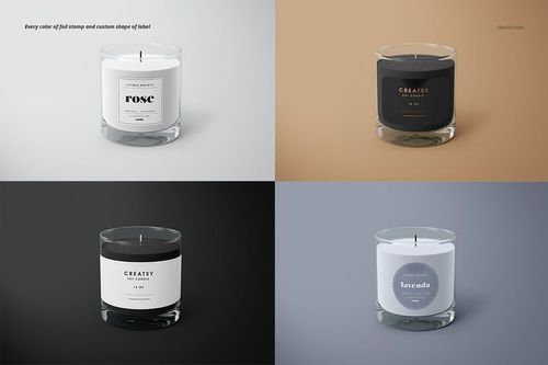Four classic glass jar candles with different label designs and wax colors, shown from a front view on varied backgrounds.