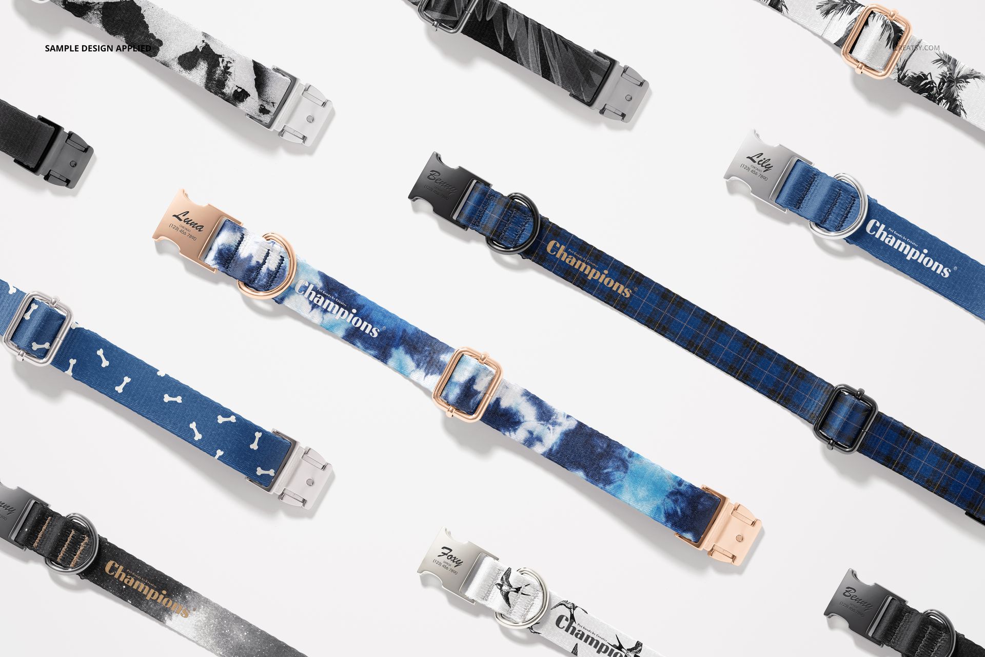 Flat lay of dog collar PSD mockup set with a mix of solid, plaid, and bone patterns in blue, black, and white tones.