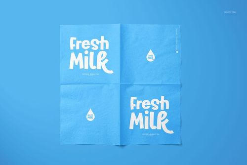 Top view of a napkin mockup set with four blue napkins, white lettering, and simple droplet graphics on each.